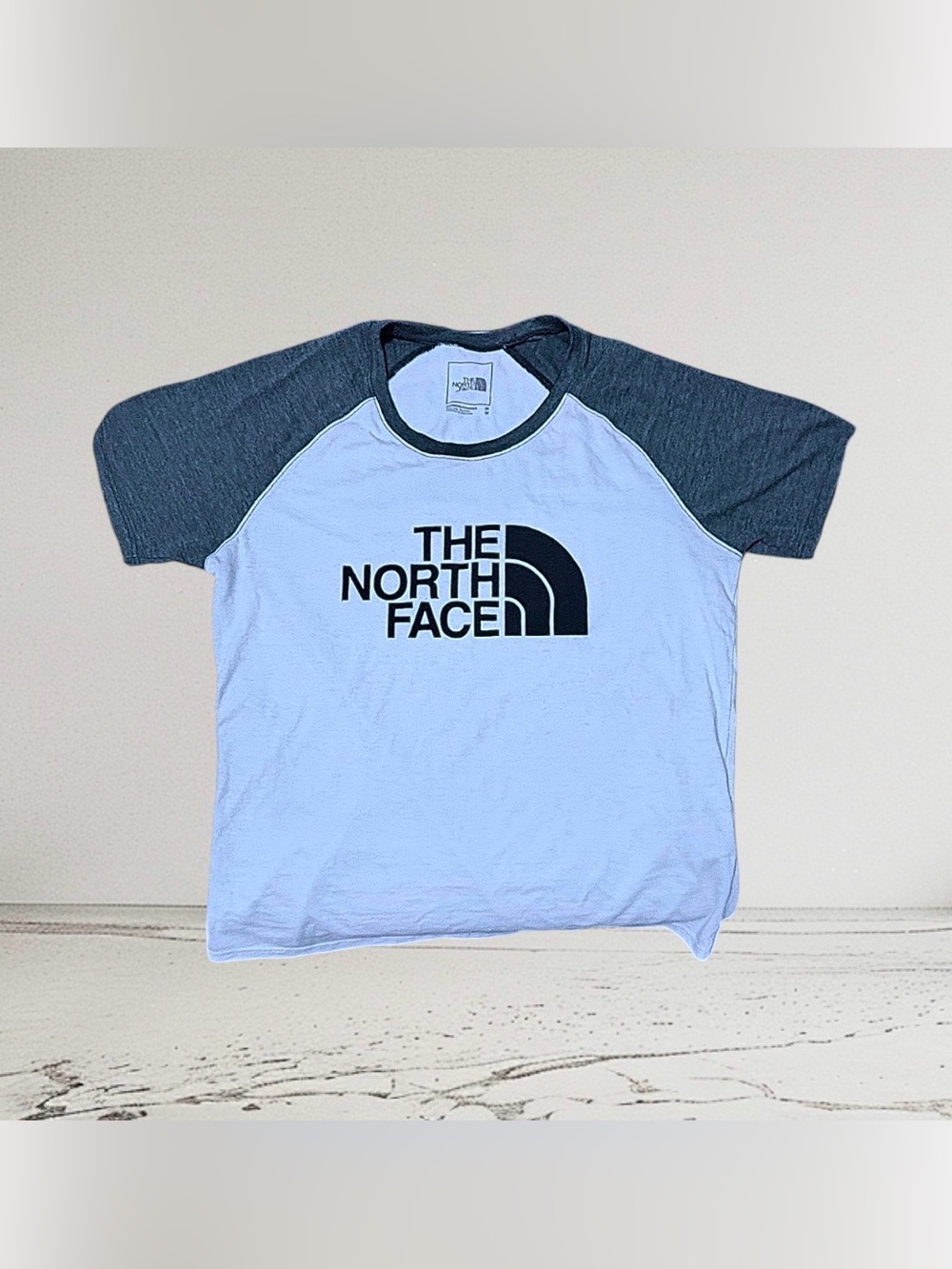 The North Face Raglan Graphic Logo Tee - White Body with faded blue Sleeves